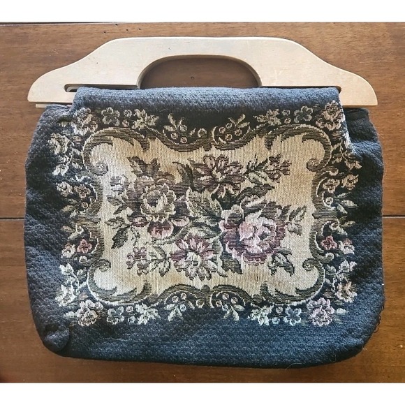 Seligman New York Handbags - Vintage SELIGMAN New York Tapestry Tote Purse Floral Wood Handles